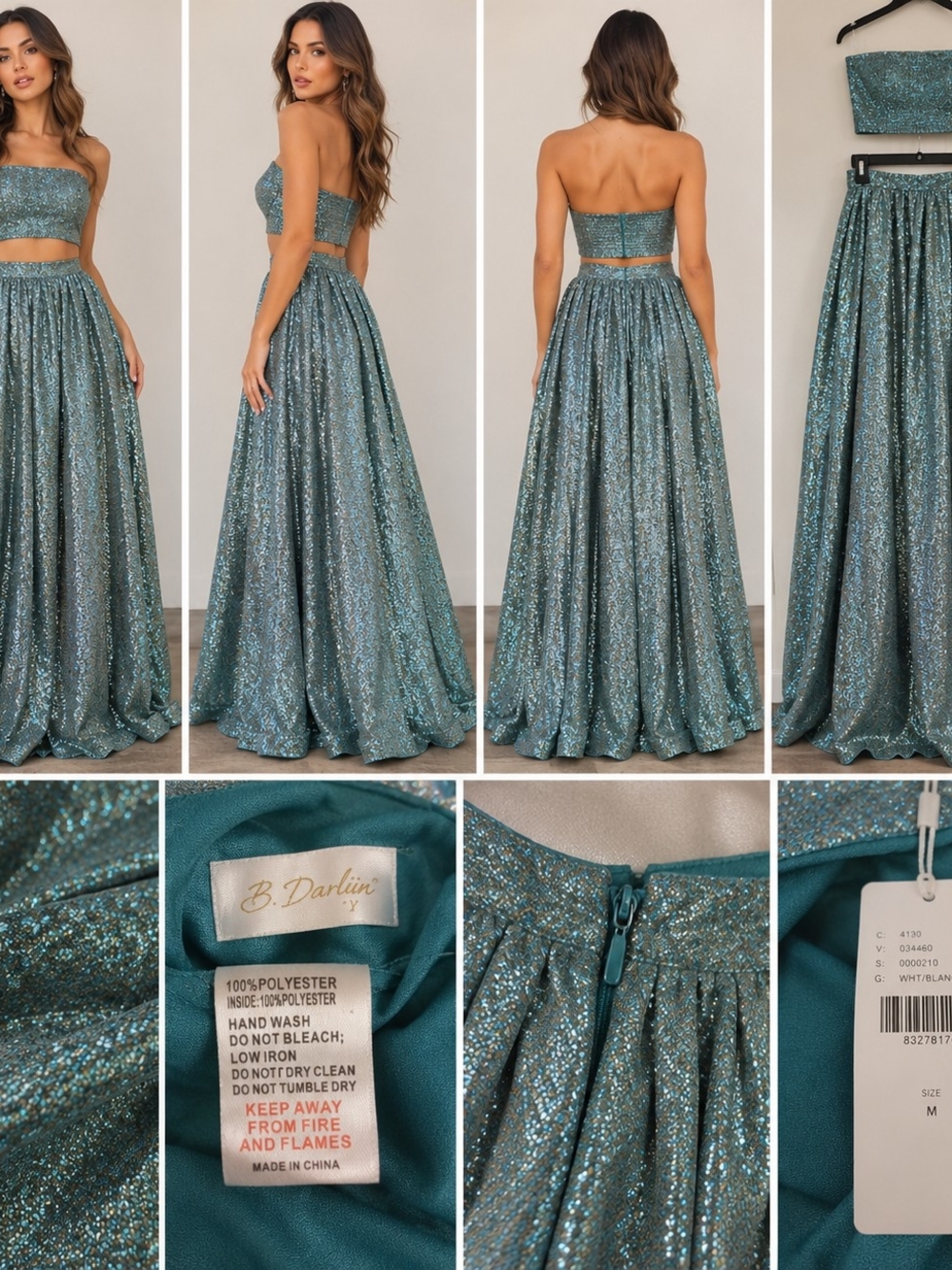 B Darlin Teal Sparkle Strapless Two-Piece Prom Gown